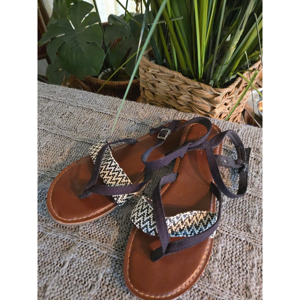 TOMS Lexie Black Woven Geometric Ankle Strap Flat Sandals Womens 7.5